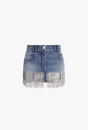 Short blue denim skirt with fringing and sequinned embroidery | Balmain
