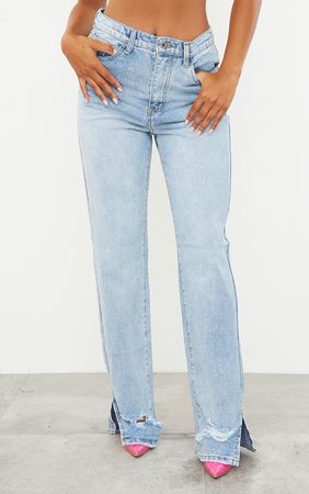 Light Blue Wash Ripped Split Hem Straight Leg Jeans | PrettyLittleThing USA