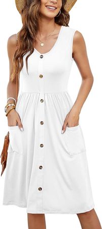 MOLERANI White Summer Dresses for Women Sleeveless Casual Loose Swing Button Down Midi Dress with Pockets (White,L) at Amazon Women’s Clothing store