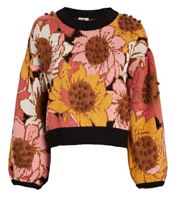 Farm Rio Colorful Sunflowers Pom-Pom Sweater | INTERMIX®