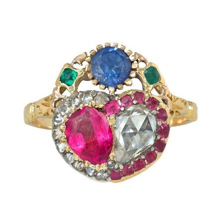 Antique Late 18th Century Gold and Multi-Gemstone Double Heart Ring For Sale at 1stDibs