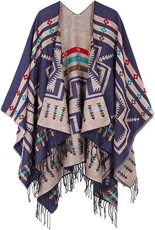 Urban CoCo Women's Printed Tassel Open front Poncho Cape Cardigan Wrap Shawl (Series 10-black) at Amazon Women’s Clothing store
