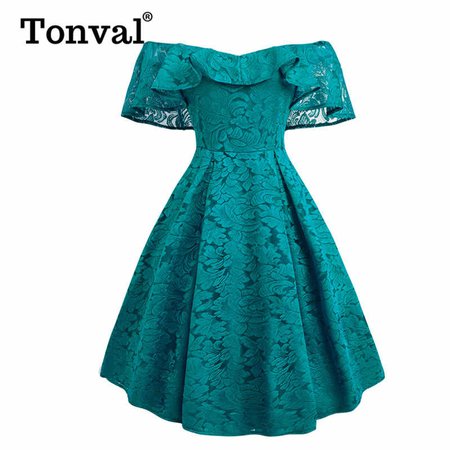 Tonval Vintage Turquoise Floral Lace Ruffle Dress Off Shoulder Sexy Women Party Night Fit and Flare Elegant Dresses|Dresses| - AliExpress