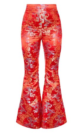 Red Oriental Jacquard Wide Leg Trouser | PrettyLittleThing