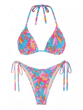 ZAFUL Tie Side Floral Smocked Shirred Triangle Bikini Swimwear In MULTI-A | ZAFUL 2024