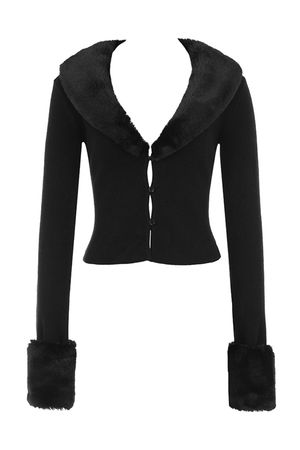 Clothing : Tops : 'Blanche' Black Faux Fur Trim Cardigan