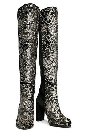 Black Embellished velvet knee boots | Sale up to 70% off | THE OUTNET | STUART WEITZMAN | THE OUTNET