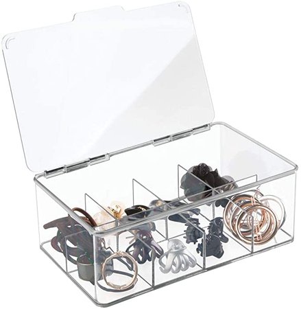 Amazon.com: mDesign Plastic Stackable Hair, Makeup & Jewelry Organizer Box with Hinged Lid for Bathroom Vanity Countertop - 8 Divided Sections - Stores Hair Clips, Barrettes, Bobby Pins, Hair Accessories - Clear: Home & Kitchen