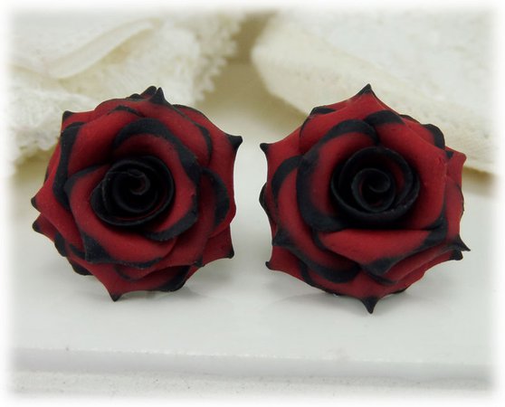 Black Tipped Red Rose Earrings