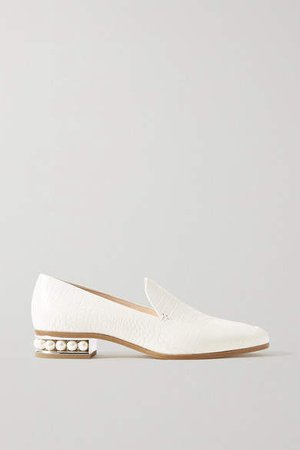 Casati Faux Pearl-embellished Croc-effect Leather Loafers - White