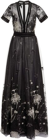 Costarellos Noir Storytelling Embroidered-Tulle Gown