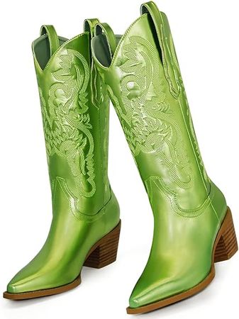 Amazon.com | MUCCCUTE Women's Cowgirl Boots Embroidered Cowboy Boots Chunky Block Heel Western Boots Vintage Wide-calf Boot | Mid-Calf