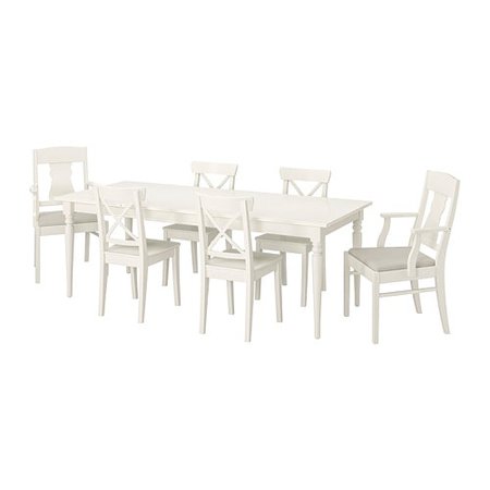 IKEA - INGATORP / INGOLF Table and 6 chairs, white, Nordvalla beige