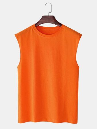 Mens 100% Cotton Breathable Solid Color Casual Tank Tops - Orange / 2XL