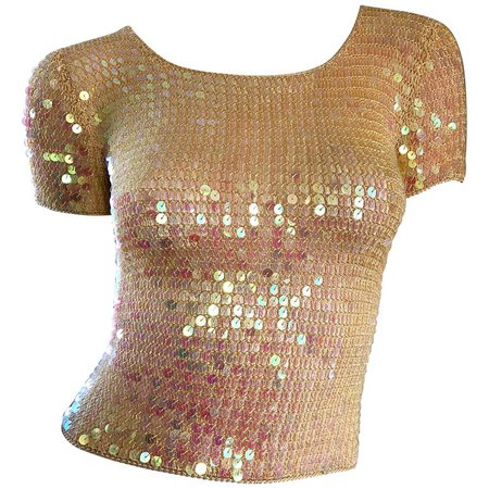 Fabulous 1990s Pink Champagne Fully Sequined Vintage Crochet Knit 90s Crop Top For Sale at 1stdibs