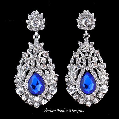 Sapphire Blue Bridal Earrings CRYSTAL Vintage Clear long Glamours STATEMENT Wedding Jewelry Prom Pageant Jewelry