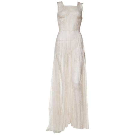 1930s Minimal White Lace Dress With Square Neckline For Sale at 1stdibs