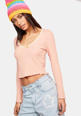 Delia's Thermal Long Sleeve Round Neck Lace Trim Crop Top - Mauve | Dolls Kill