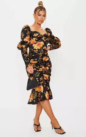 Black Floral Puff Sleeve Midi Dress | PrettyLittleThing USA