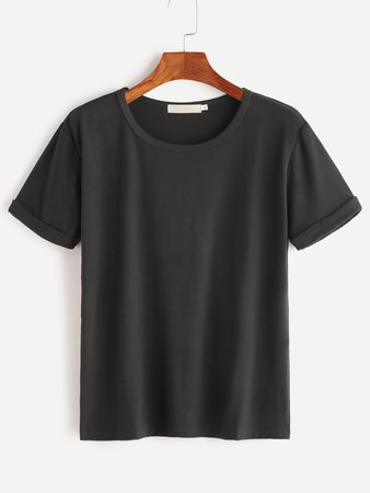 Black Rolled Sleeve Basic T-shirt