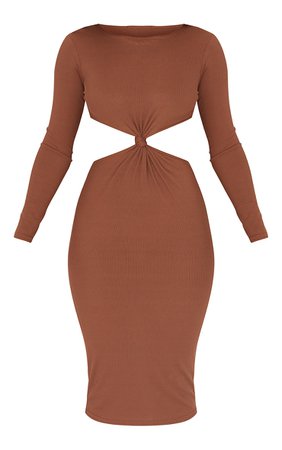 Chocolate Rib Long Sleeve Cut Out Knot Midi Dress | PrettyLittleThing USA