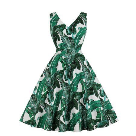 Vintage Dress Retro Holiday Green Dress XXL Cotton 50s Summer Print Tropical Dresses Women Prom V Neck Sleeveless Dress Female|Dresses| - AliExpress