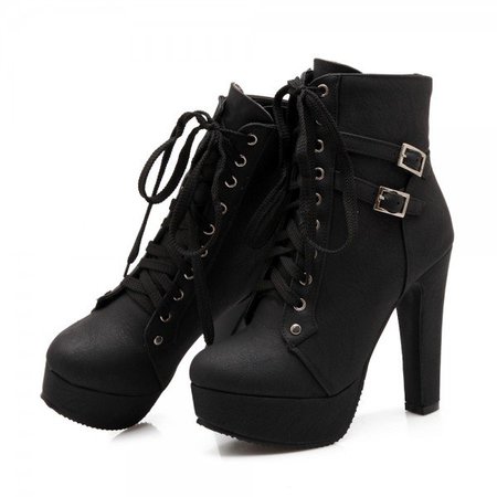 Women's Black Lace Up Boots Platform Chunky Heels Ankle Booties for Work, Date, Big day, Going out | FSJ