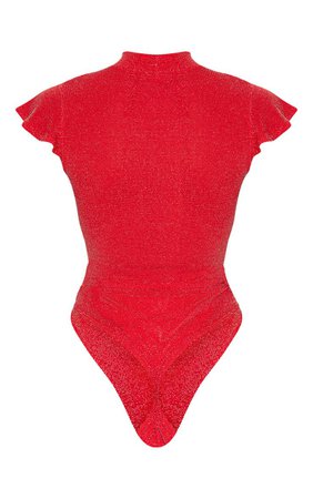 Red Glitter Frill Sleeve High Neck Bodysuit | PrettyLittleThing USA