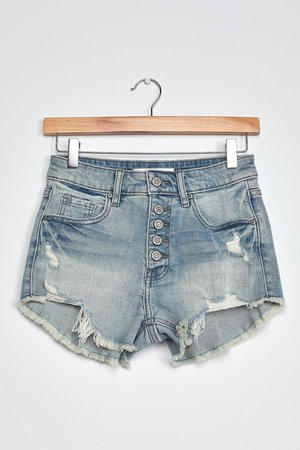 Light Wash Distressed Shorts - High-Waisted Shorts - Cutoff Short