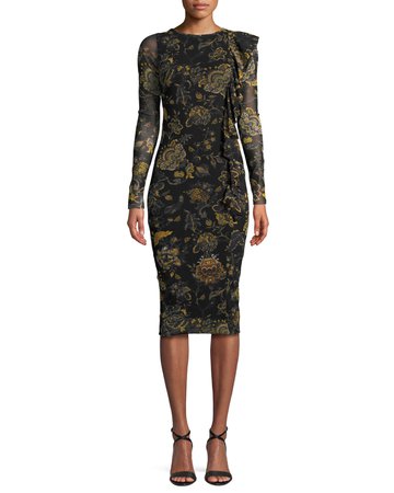 Fuzzi Long-Sleeve Side-Ruffle Bodycon Floral Dress | Neiman Marcus