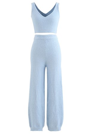 Fluffy Knit Crop Tank Top and Pants Set in Blue - Retro, Indie and Unique Fashion