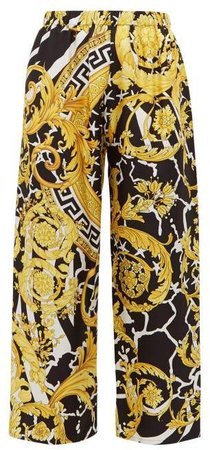 Baroque Print Silk Twill Trousers - Womens - Black Gold