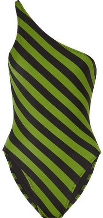 Mio One-shoulder Striped Swimsuit - Leaf green