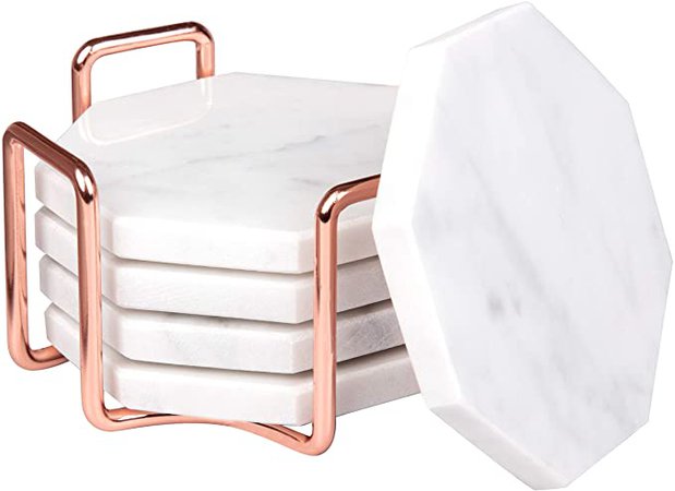Amazon.com: Deco White Carrara Marble Coasters with Rose Gold Holder- Set of 5 - Great Gift: Home & Kitchen
