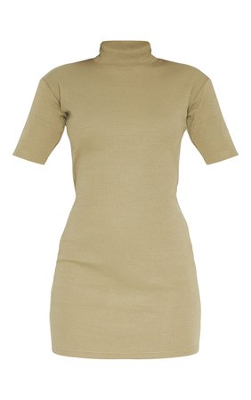 Khaki Rib High Neck Short Sleeve T Shirt Dress | PrettyLittleThing USA