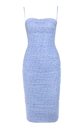 Clothing : Bodycon Dresses : 'Sirene' Blue Floral Ruched Midi Dress