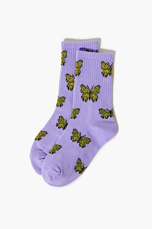 Girls Butterfly Print Crew Socks (Kids)