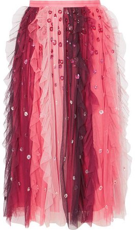 Rainbow Embellished Tulle Midi Skirt - Burgundy