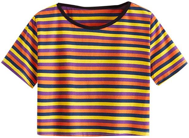 SweatyRocks Women's Short Sleeve Round Neck Colorful Stripe Tee Shirt Crop Top Multicolor X-Large at Amazon Women’s Clothing store