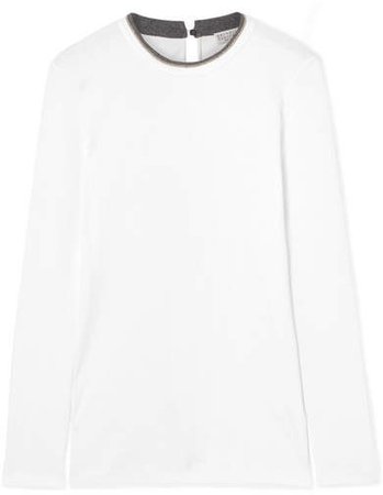 Bead-embellished Ribbed Stretch Cotton-jersey Top - White