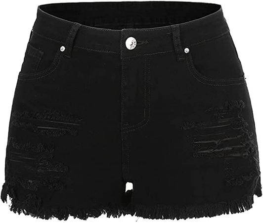 THUNDER STAR Women Mid Rise Ripped Stretchy Jeans Shorts Frayed Raw Hem Casual Denim Shorts Black1# L at Amazon Women’s Clothing store