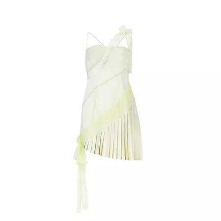 Nodress Yellow Asymmetric White Lace Trim Pleated Satin Dress