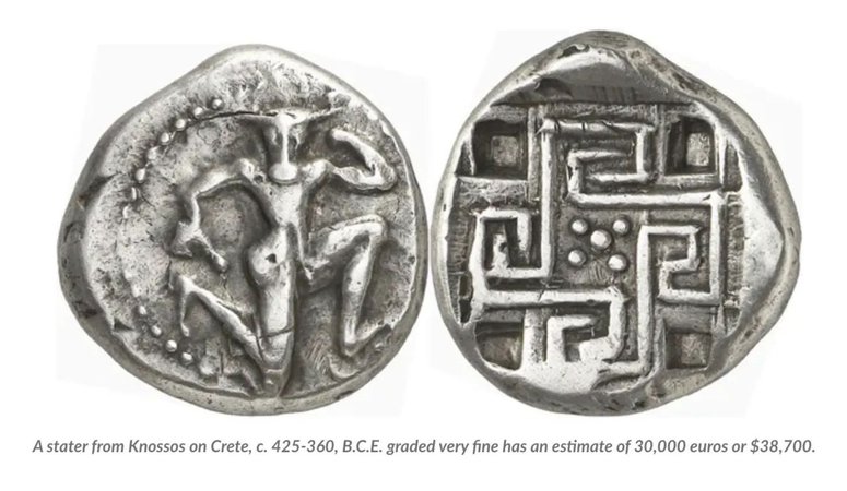 Minotaur and Labyrinth coin, 425-360 BCE.