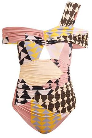 Self Portrait Geometric Printed One Shoulder Bardot Swimsuit - Womens - Multi