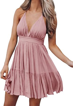 Lcucyes Women's Summer Halter V-Neck Ruffled Swing Mini Dress Sexy Boho Backless Flare Beach Short Sundress Pink at Amazon Women’s Clothing store