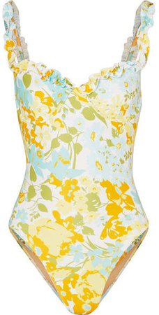 Hilda Ruffled Floral-print Underwired Swimsuit - Blue