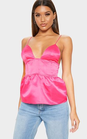 Hot Pink Satin Waist Detail Cami Top | Tops | PrettyLittleThing