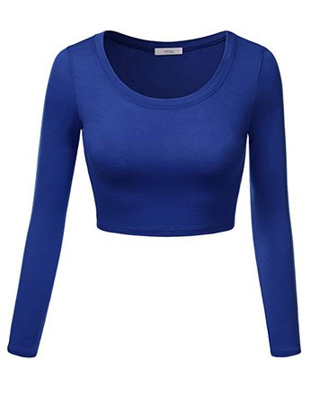 Simlu Womens Crop Top Round Neck Basic Long Sleeve Crop Top with Stretch Reg and Plus Size