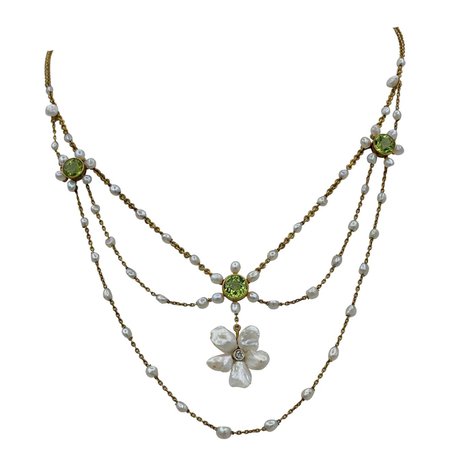 Edwardian Peridot Old Mine Diamond Pearl Festoon Swag Necklace Antique Gold For Sale at 1stDibs