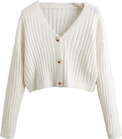 SweatyRocks Women's Long Sleeve Plaid Button Front V Neck Soft Knit Cardigan Sweaters Beige S at Amazon Women’s Clothing store